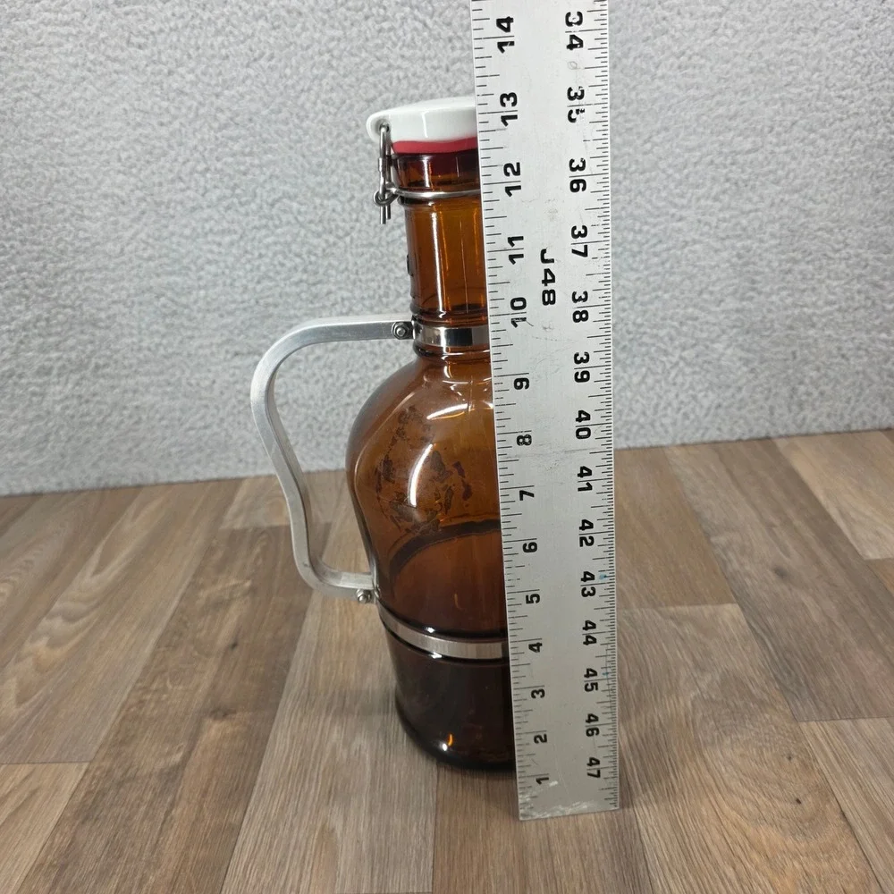Vintage Amber Glass Beer Growler with Metal Handle and Swing Top Lid 12.5